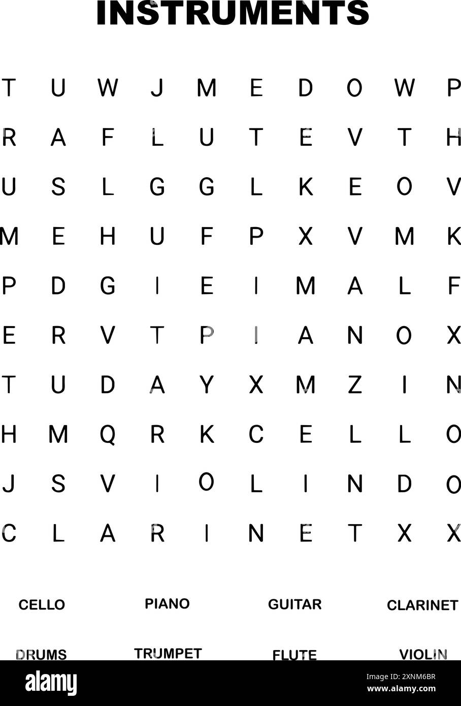 Wörter Suche Puzzle Spiel Übung Arbeitsblatt druckbare Version Instrumente. Stock Vektor