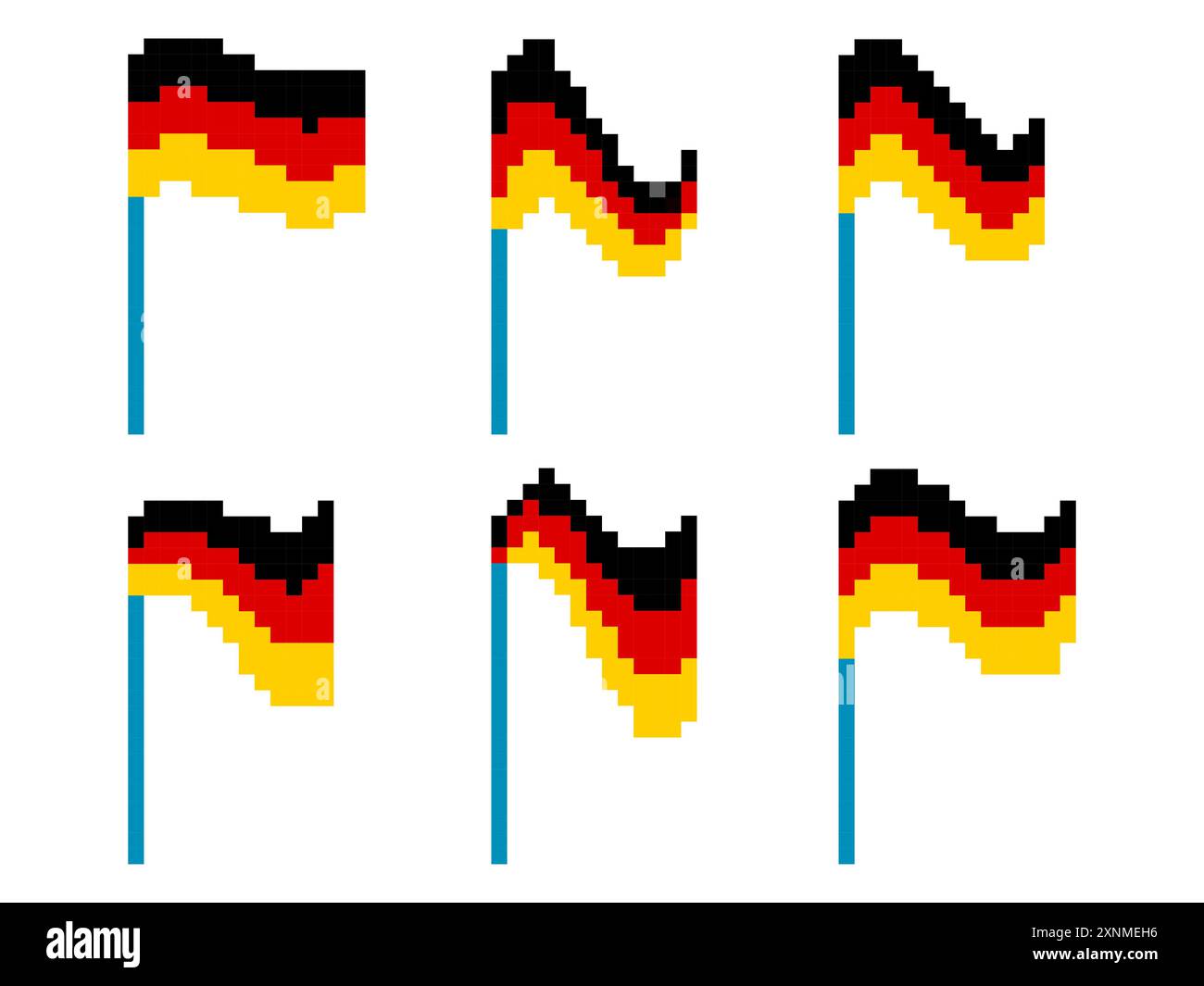 Pixelsymbol für deutsche Flagge isoliert auf weißem Hintergrund. Schwenkende deutsche Flagge in 8-Bit-Retro-Grafiken im Pixelart-Stil der 80er Jahre Design für Banner, Pos. Stock Vektor