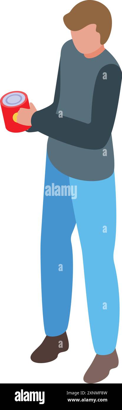 Der junge Mann hält eine Spendenbox und nimmt an einer Wohltätigkeitsveranstaltung Teil, um Spenden für einen guten Zweck zu sammeln Stock Vektor