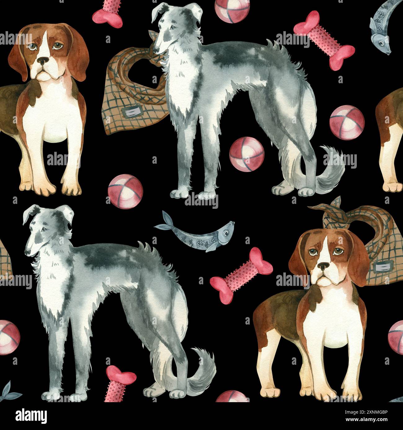 Hunde verschiedener Rassen, Haustiere mit Ball, Halsband, Knochen und Leine, die in Aquarellfarben handgezeichnet sind. Nahtloses Aquarellmuster. Geeignet zum Drucken Stockfoto