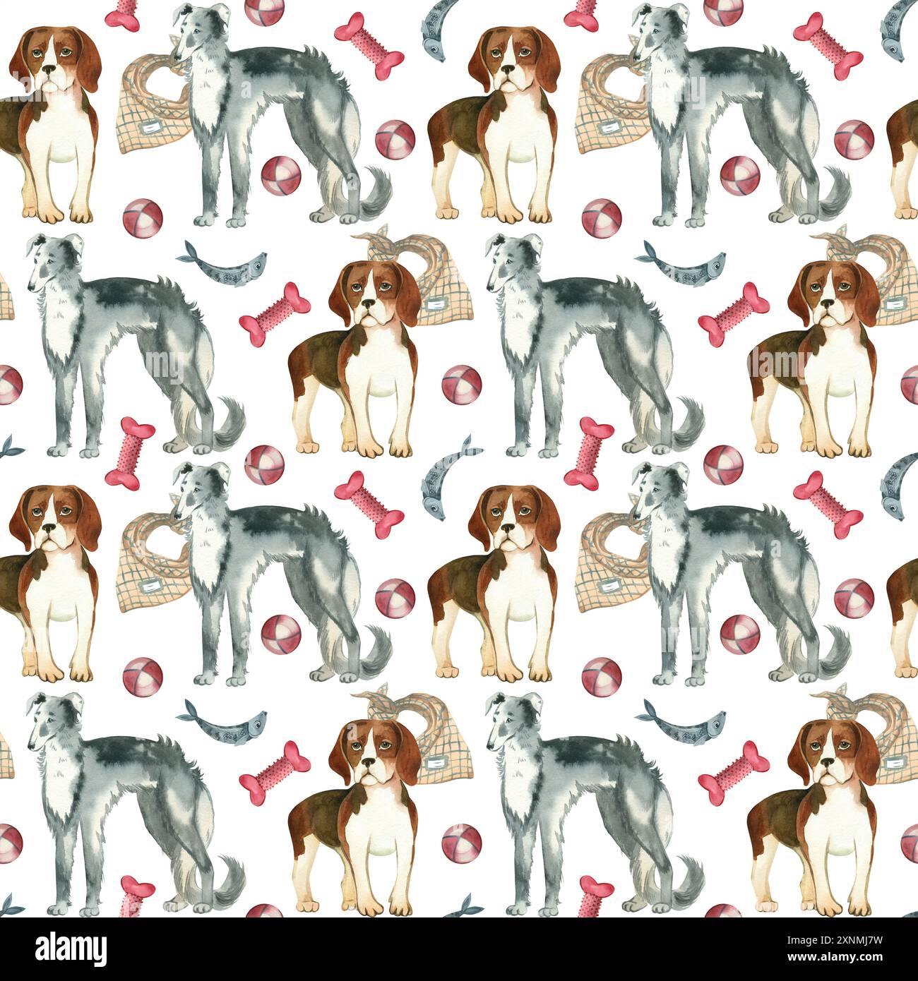 Hunde verschiedener Rassen, Haustiere mit Ball, Halsband, Knochen und Leine, die in Aquarellfarben handgezeichnet sind. Nahtloses Aquarellmuster. Geeignet zum Drucken Stockfoto