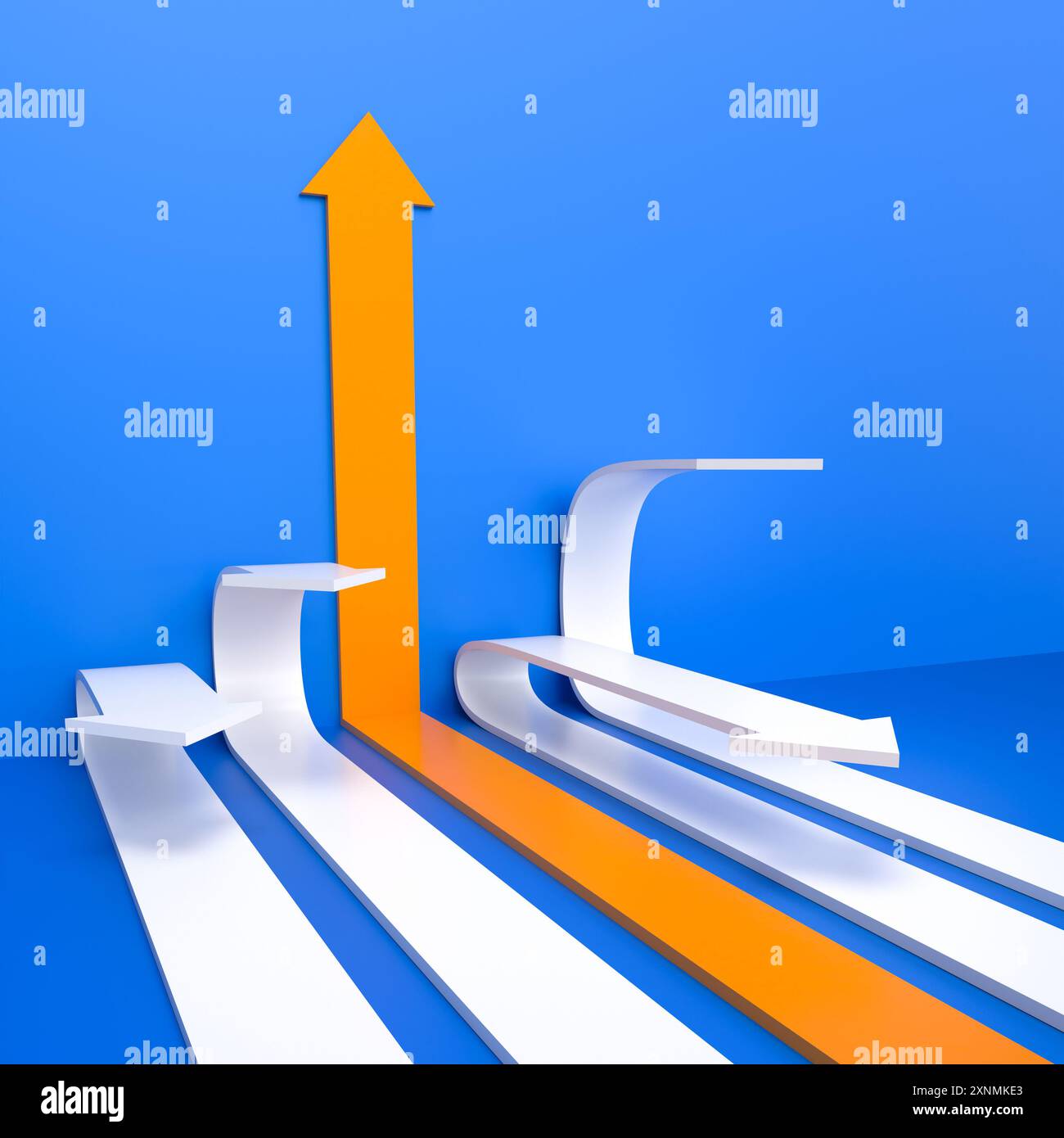 Orangefarbener Pfeil, der nach oben geht und Erfolg erzielt, weiß, abwärts, blauer Hintergrund 3D Stockfoto