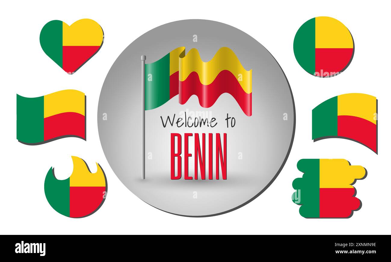 Winkende Flagge von Benin im Vektor mit der Inschrift Willkommen in Benin! Verschiedene Versionen der Flagge in Form eines Herzens, Kreises, Kreisbogens usw. Stock Vektor