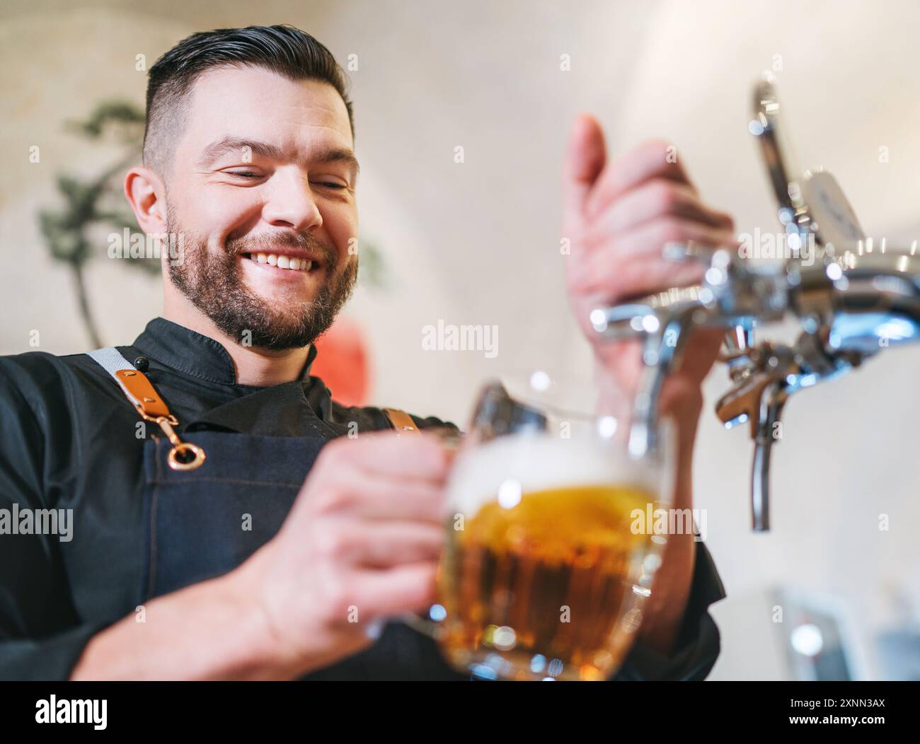 Ein lächelnder, stilvoller Bärenbarmann in schwarzer Uniform mit einer Schürze, der frisches Lagerbier in einen Pilsner-Glas-Becher an der Bar zapft. Erfolgreiche Mitarbeiter, Stockfoto