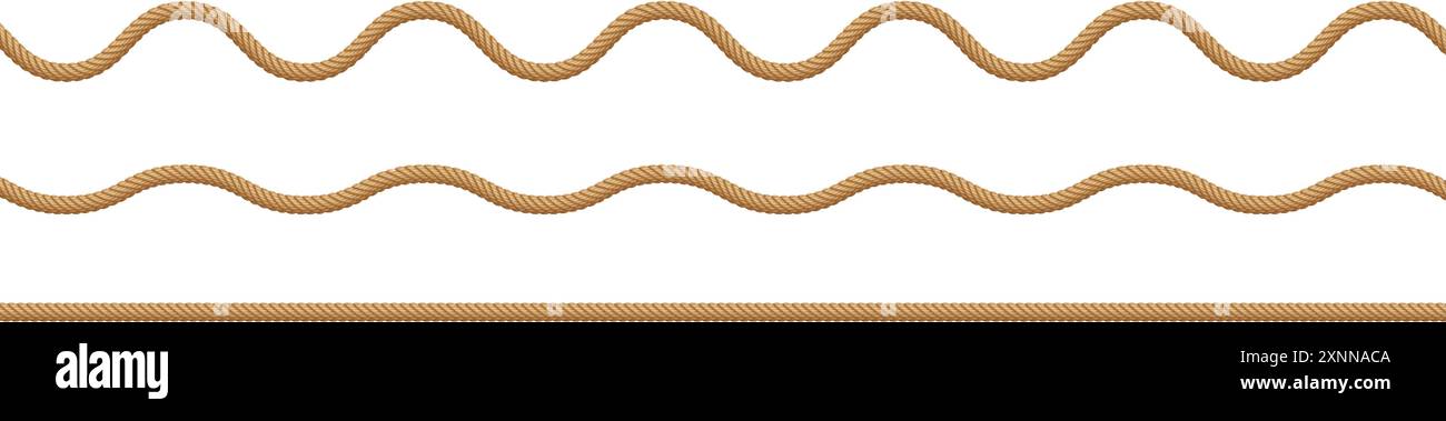 Seilschnur, realistische Juteschnur, Hanf verdrehtes Seil isoliert auf weißem Hintergrund. Stock Vektor