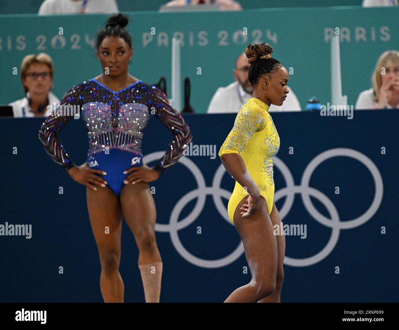 Paris – Frankreich 01. August 2024, Simone Biles (USA) Bodenübung, Kunstgymnastik, Rundum-Finale der Frauen während der Olympischen Spiele 2024 in Paris in der Bercy Arena in Paris, Frankreich Credit: Andre Paes/Alamy Live News Stockfoto