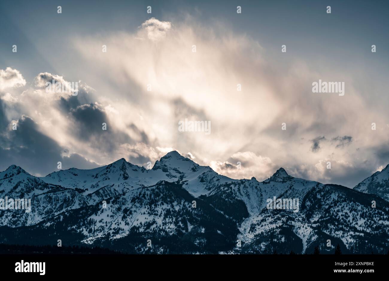 Wintersturm über der Teton Mountain Range im Grand Teton National Park, Wyoming Stockfoto