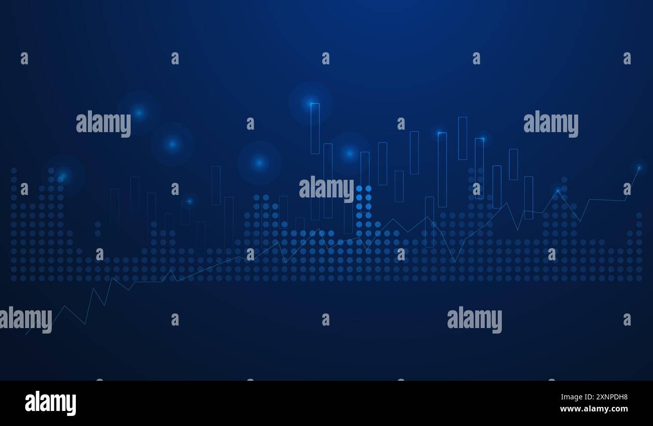 Ein Kerzenstab-Diagramm für den Börsenhandel auf blauem Hintergrund. Bullischer Punkt, Aufwärtstrend des Diagramms, Vektor, Illustration Stock Vektor