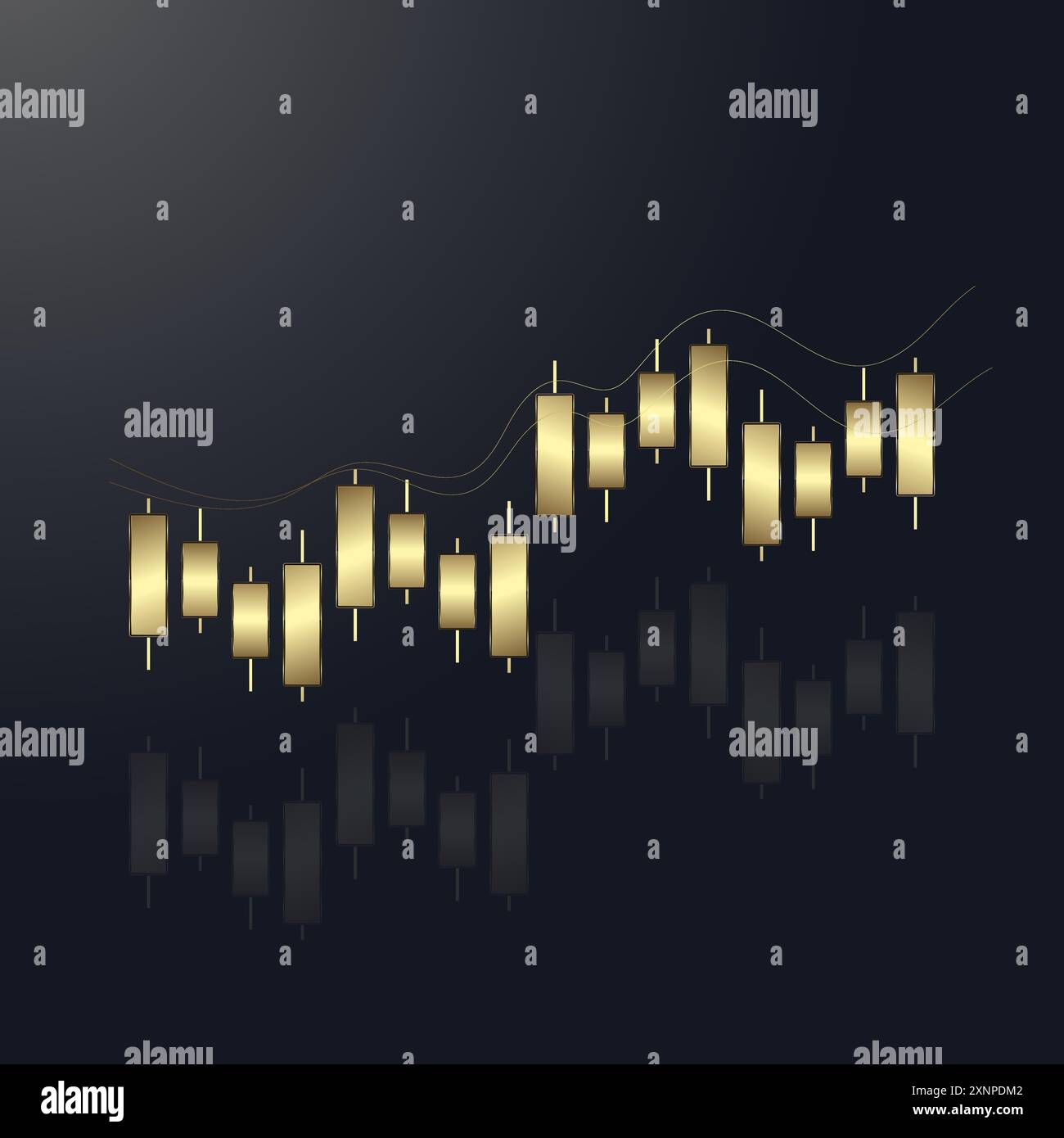Ein luxuriöses Balkendiagramm, ein Gold Graph-Diagramm, mit einem Aufwärtspfeil auf der Oberseite, das für Business Kerzenstichdiagramm des Investmenthandels auf dunklem Backgr verwendet wird Stock Vektor