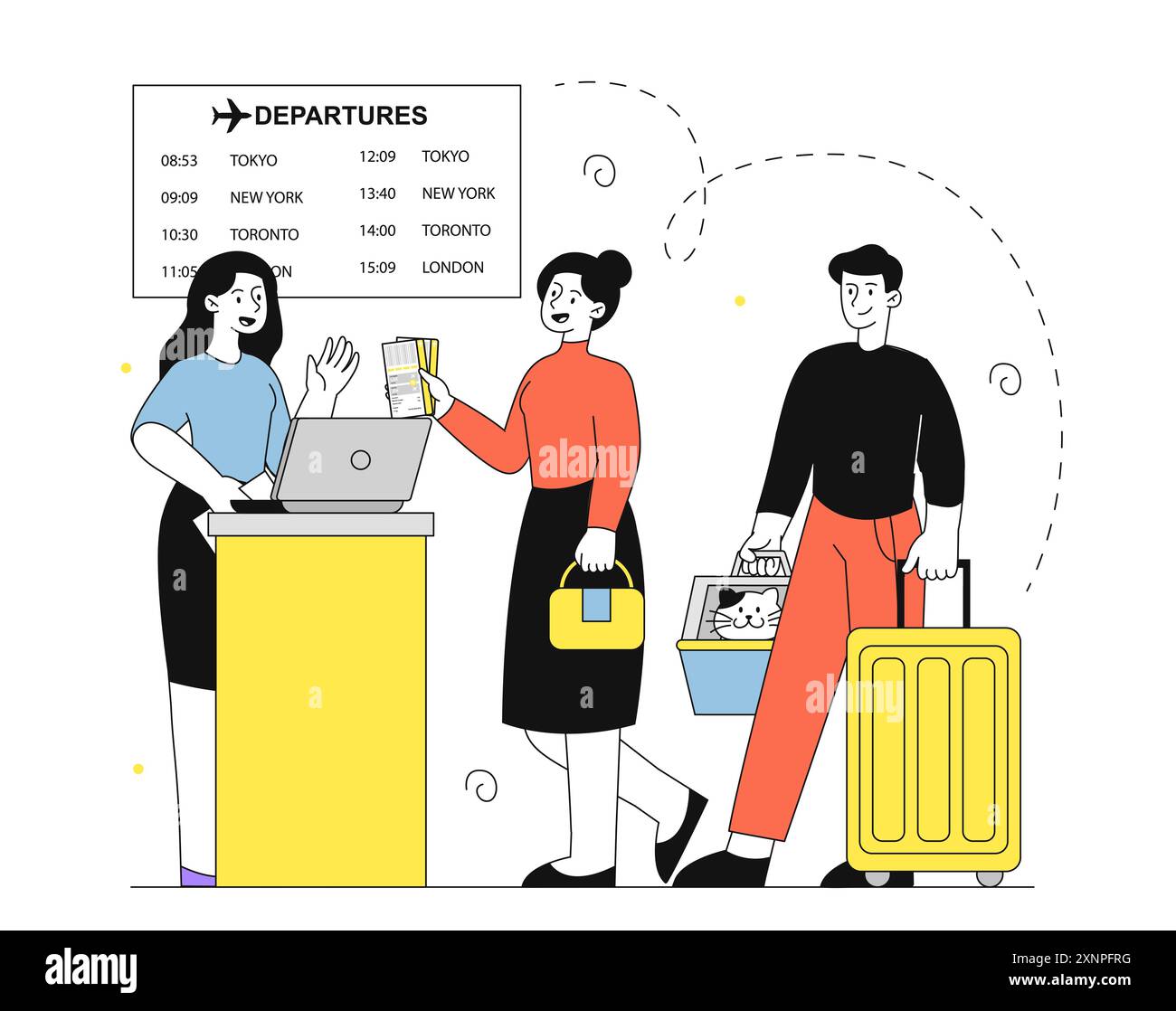 Leute am Flughafen. Mann und Frau mit Koffer in der Nähe der Rezeption am Flughafen. Reisende und Touristen stehen in der Warteschlange. Flug, Reise und Reise. Linearer Vektor Stock Vektor