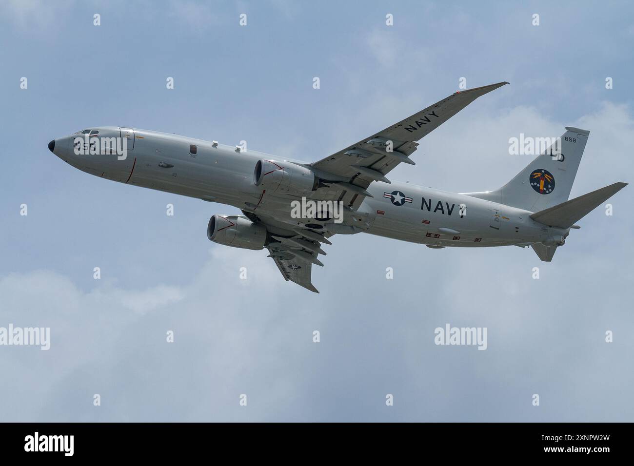 Eine Boeing P8A Poseidon-Mehrmission-Marinepatrouillenflugzeug mit der United States Navy Patrol Squadron 10 (VP-10), bekannt als die "Red Lancers", Stockfoto