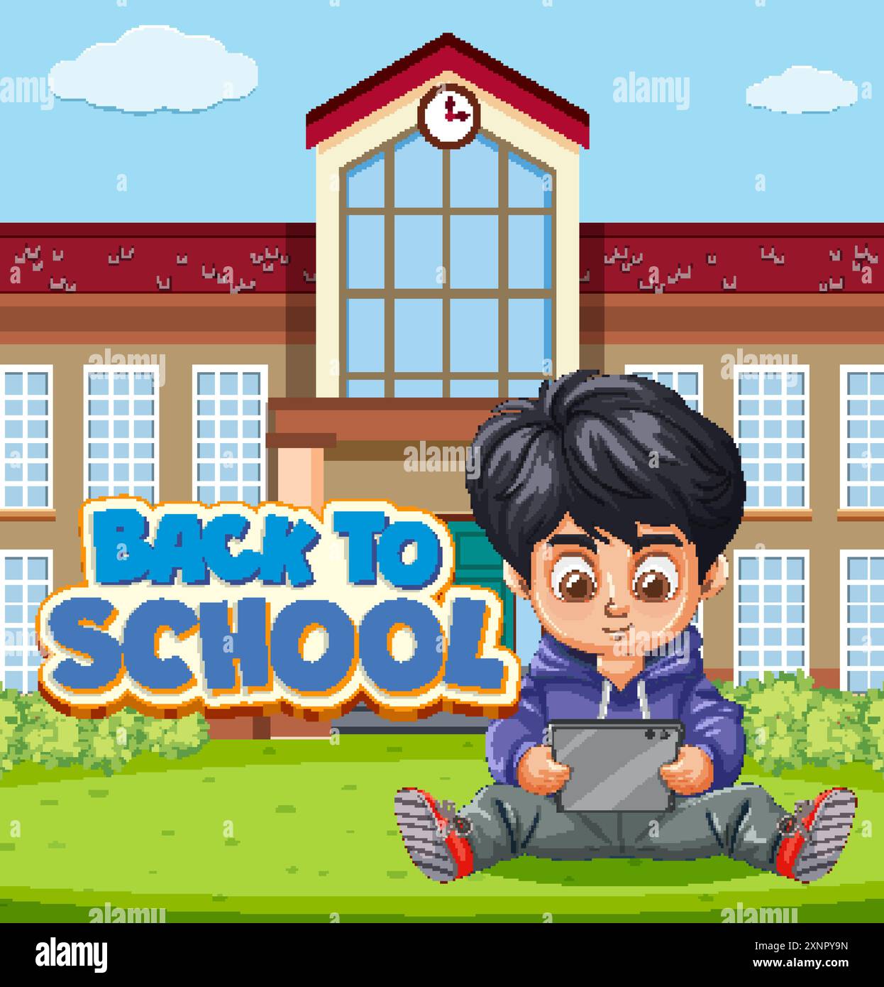 Junge mit Tablet vor der Schule Stock Vektor