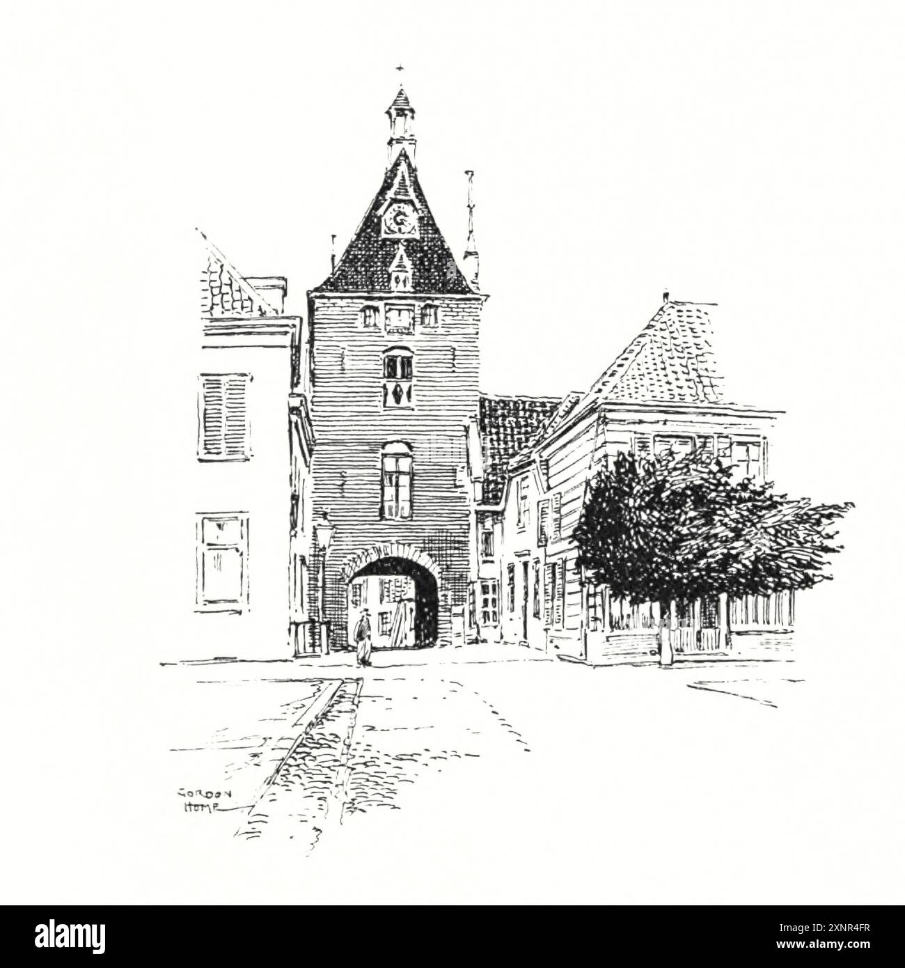 Architekturgrafik aus der Serie THE PEOPLE OF HOLLAND von Nico Jungman Nicolaas Wilhelm Jungmann (in England häufig Jungman geschrieben; 5. Februar 1872 – 14. August 1935) war ein englisch-niederländischer Maler von Landschaften und figuralen Motiven, Buchillustrator und Dekorateur. Veröffentlicht 1910 Stockfoto