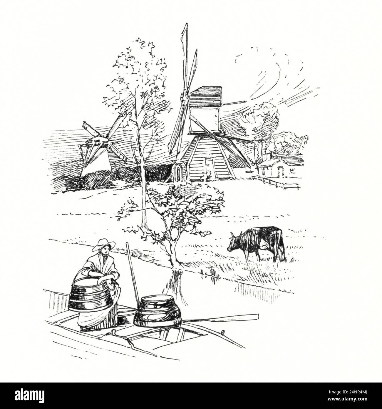 Windmühle, Kanal und Lastkahn schwarz-weiß Illustration aus der Serie THE PEOPLE OF HOLLAND von Nico Jungman Nicolaas Wilhelm Jungmann (in England häufig Jungman geschrieben; 5. Februar 1872 – 14. August 1935) war ein englisch-niederländischer Maler von Landschaften und figuralen Themen, ein Buchillustrator und Dekorateur. Veröffentlicht 1910 Stockfoto