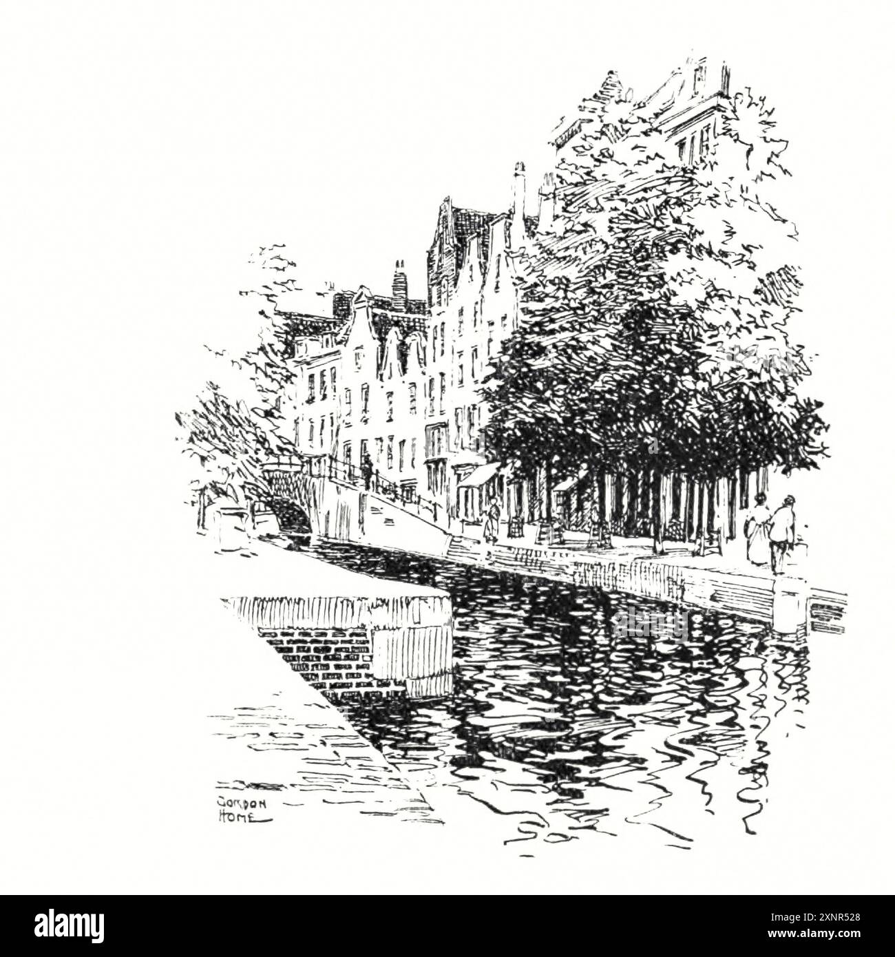 Canal Black-White Illustration aus der Serie THE PEOPLE OF HOLLAND von Nico Jungman Nicolaas Wilhelm Jungmann (in England häufig Jungman geschrieben; 5. Februar 1872–14. August 1935) war ein englisch-niederländischer Maler von Landschaften und figuralen Motiven, Buchillustrator und Dekorateur. Veröffentlicht 1910 Stockfoto