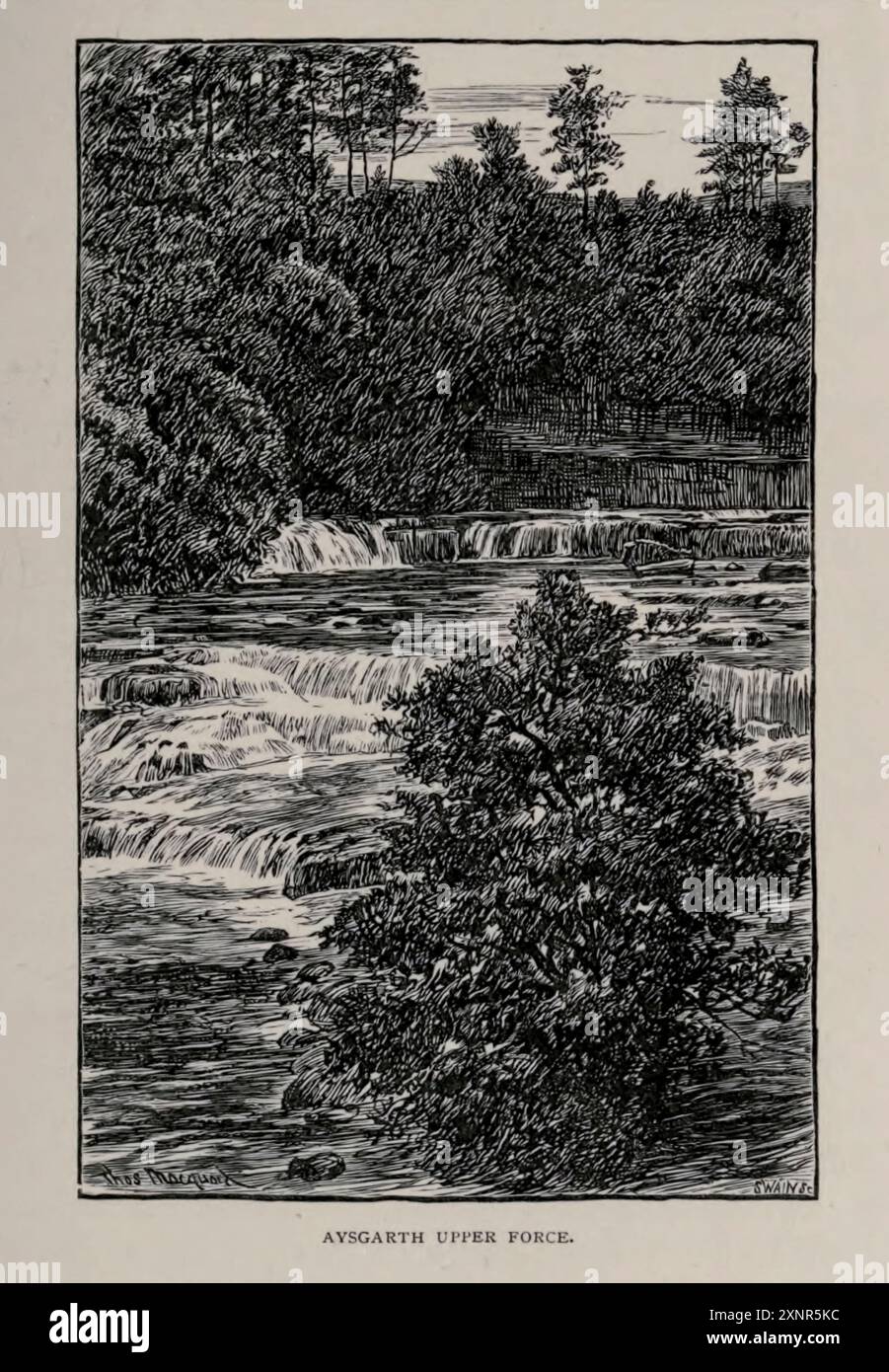Aysgarth Upper Force Illustration von Thomas R. Macquoid Thomas Robert Macquoid (1820–1912) war ein produktiver Künstler, dessen Werke Ölgemälde und Aquarelle, Buchillustrationen und Entwürfe für Bucheinbände umfassten. Geboren in Brompton, London, lebte er sein ganzes Leben in der Hauptstadt Text by Katherine Macquoid, veröffentlicht 1894 Stockfoto