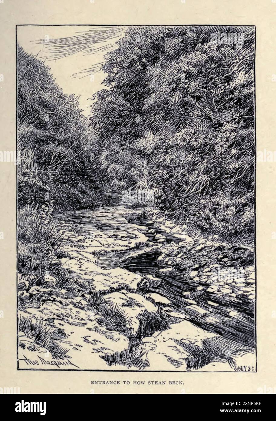 Entrance to How Stean Beck Illustration von Thomas R. Macquoid Thomas Robert Macquoid (1820–1912) war ein produktiver Künstler, dessen Werke Ölgemälde und Aquarelle, Buchillustrationen und Entwürfe für Bucheinbände umfassten. Geboren in Brompton, London, lebte er sein ganzes Leben in der Hauptstadt Text by Katherine Macquoid, veröffentlicht 1894 Stockfoto