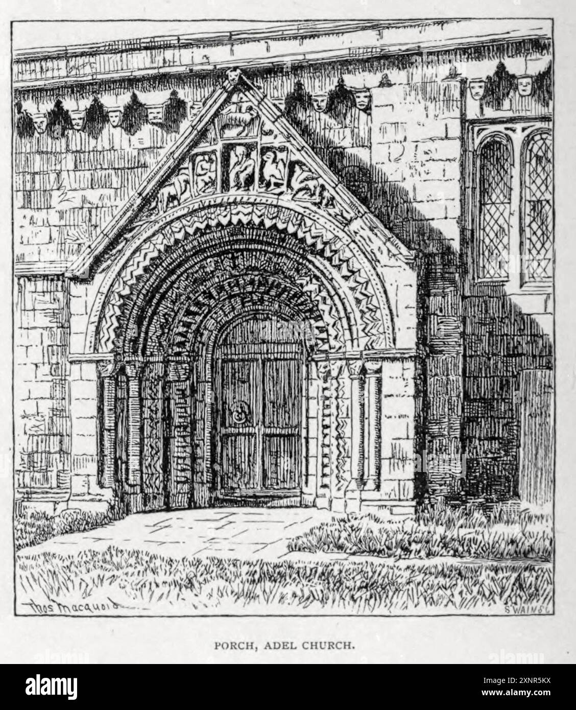 Porch, Adel Church Illustration von Thomas R. Macquoid Thomas Robert Macquoid (1820–1912) war ein produktiver Künstler, dessen Werke Ölgemälde und Aquarelle, Buchillustrationen und Entwürfe für Bucheinbände umfassten. Geboren in Brompton, London, lebte er sein ganzes Leben in der Hauptstadt Text by Katherine Macquoid, veröffentlicht 1894 Stockfoto