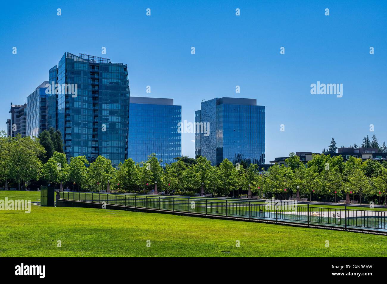 DOWNTOWN BELLEVUE CITY HALL PARK MIT INNENSTADTGEBÄUDEN AM SÜDLICHEN ENDE DES PARKS MIT DEM TEICH DES PARKS UND EINEM KLAREN BLAUEN HIMMEL Stockfoto