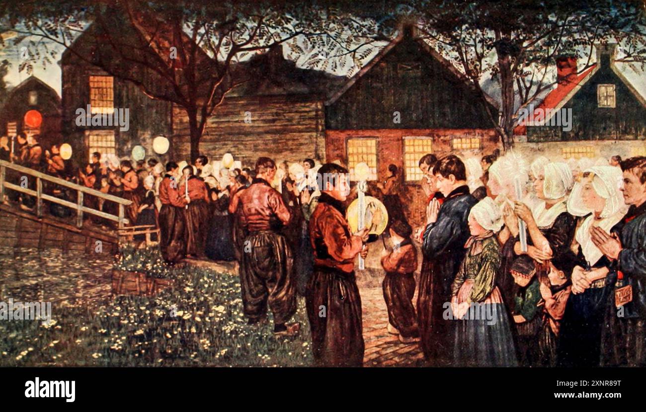 Religiöse Prozession die frommen VoIendamer pilgern in das Dorf Kevelaar in Deutschland. Sie kehren in einer Prozession zurück, gehen von Edam aus und brechen in der kleinen Volendam-Kirche auf. Nicolaas Wilhelm Jungmann (in England häufig Jungman; 5. Februar 1872–14. August 1935) war ein englischer Maler von Landschaften und figuralen Motiven, Buchillustrator und Dekorateur. Veröffentlicht 1913 Stockfoto