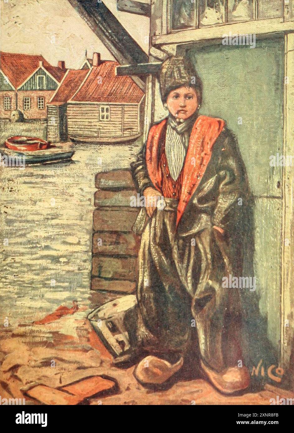 A Fisher Boy Colour Illustration aus der Serie Holland von Nico Jungman Nicolaas Wilhelm Jungmann (in England häufig Jungman geschrieben; 5. Februar 1872–14. August 1935) war ein englisch-niederländischer Maler von Landschaften und figuralen Motiven, Buchillustrator und Dekorateur. Veröffentlicht 1913 Stockfoto