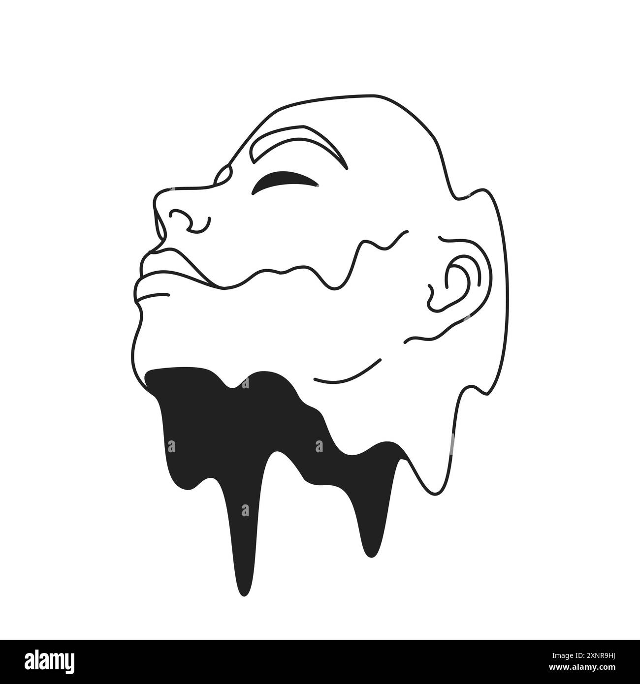 Y2K schmelzende surreale männliche Kopf psychedelische Umrisse schwarze Icon Vektor flache Illustration. Abstrakte Science-Fiction-Flüssigkeit futuristische Person seltsamer Hype fa Stock Vektor