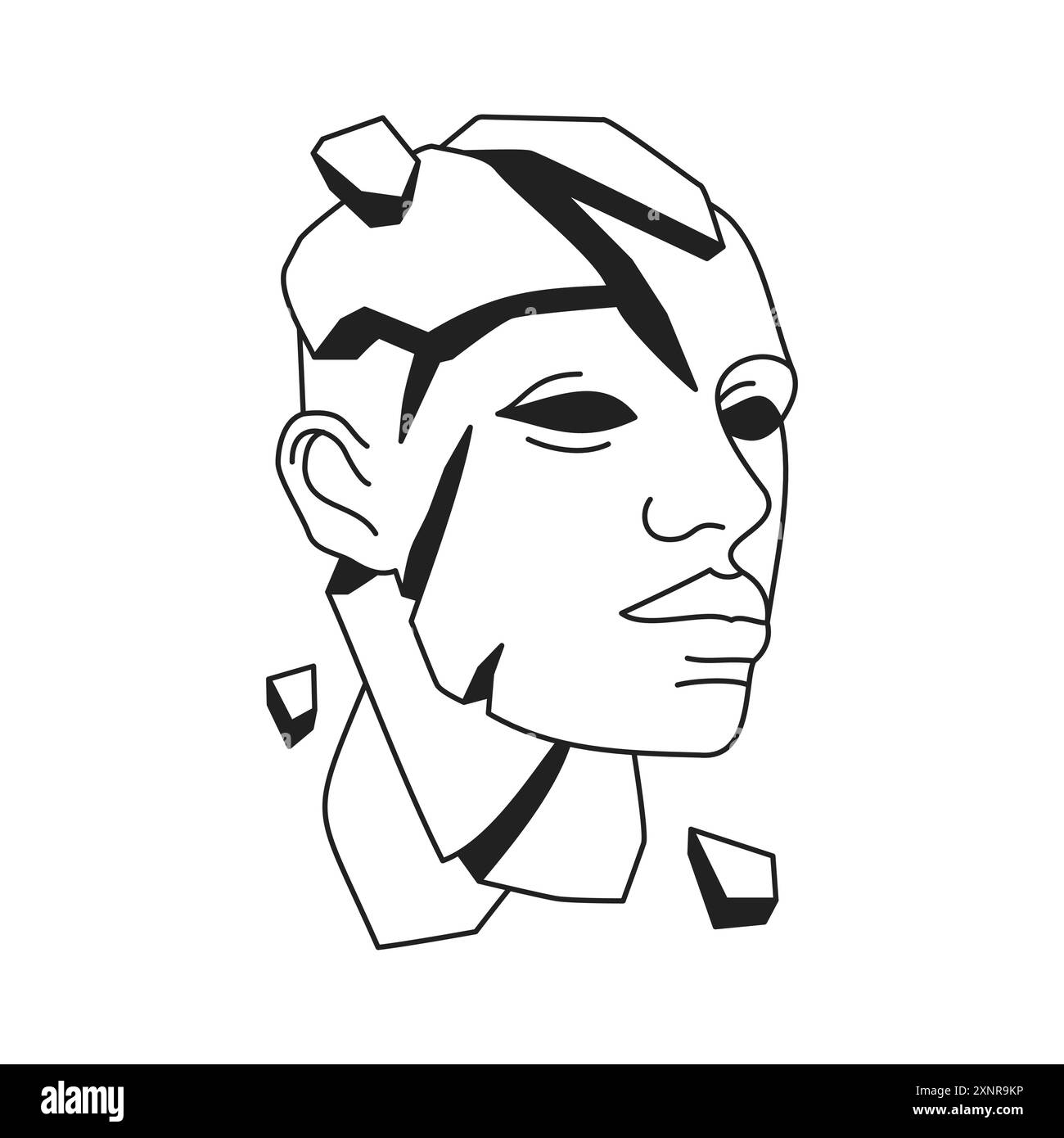 Aufgerissener futuristischer Hype surreale Mann Kopf Skulptur Y2K Umriss schwarze Icon Vektor flache Illustration. Crash männliches Porträt psychedelisch groovig monochrom Stock Vektor