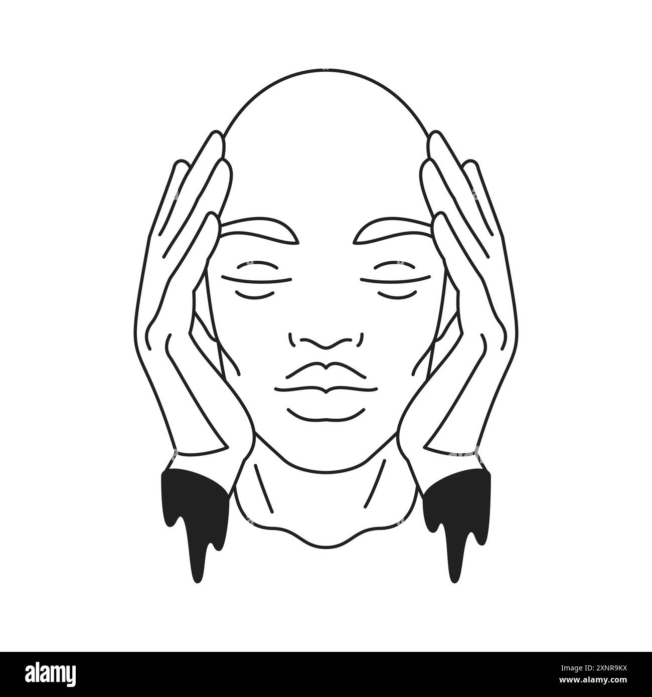 Y2K psychedelische zukünftige Mann Kopf mit schmelzender Hand Umriss schwarze Icon Vektor flache Illustration. Surreal seltsame Fantasie männliches Science-Fiction-Porträt Stock Vektor