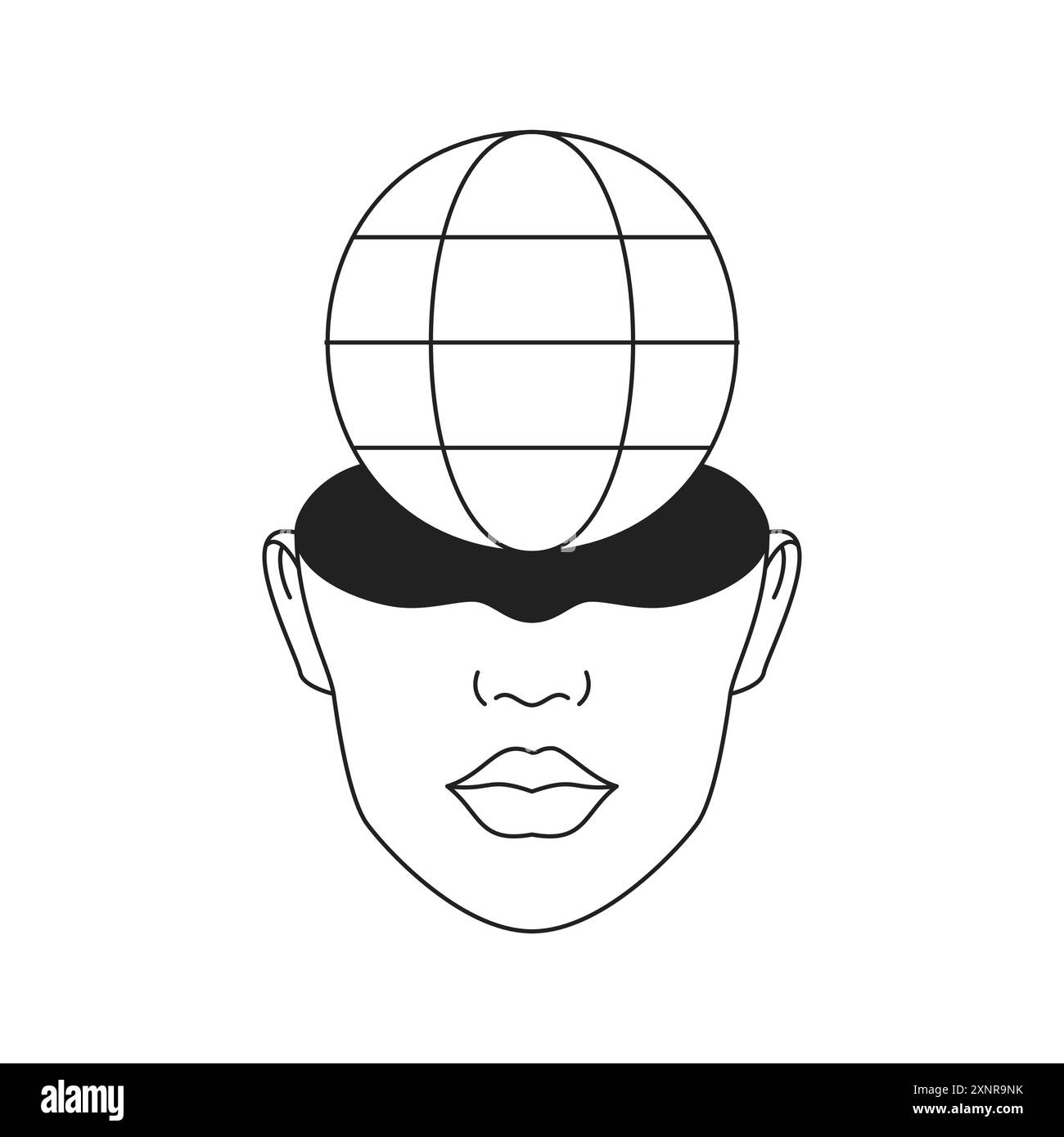 Futuristischer menschlicher Kopf mit Globus Planet surreal Y2K Umrandung minimaler schwarzer Icon Vektor flache Illustration. Psychedelic Future Person Open Mind Science f Stock Vektor
