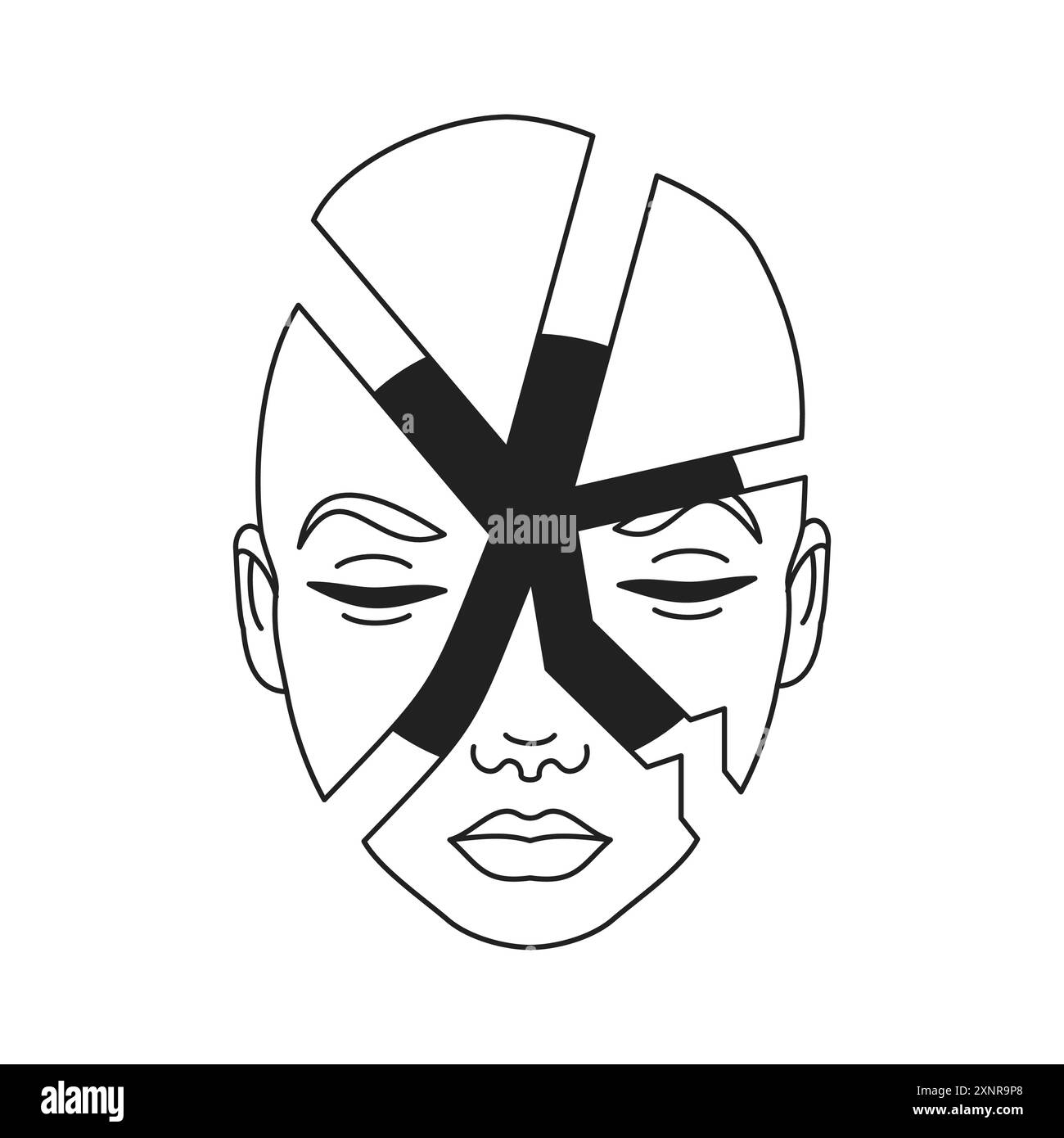 Y2K seltsame Kopf schneiden Crash geometrisches Stück psychedelische Umrisssymbole Vektor flache Illustration. Surreale Science-Fiction-Person Porträt gehackter geomet Stock Vektor