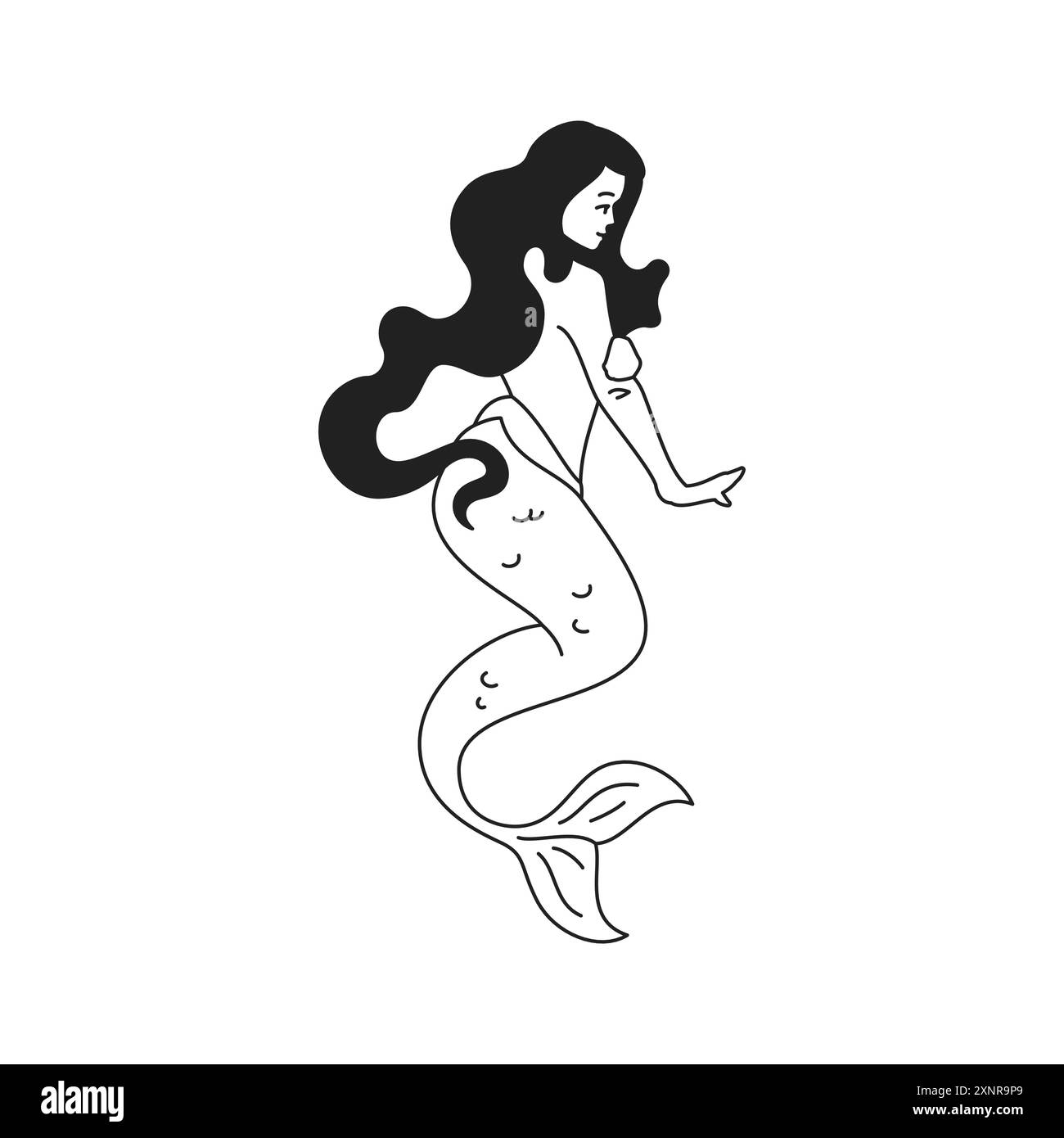 Y2K Meerjungfrau surreale Mythologie Aqua Frau mit Fischschwanz Umriss schwarze Icon Vektor flache Illustration. Psychedelische Seekrickfigur mit Haarfischen t Stock Vektor