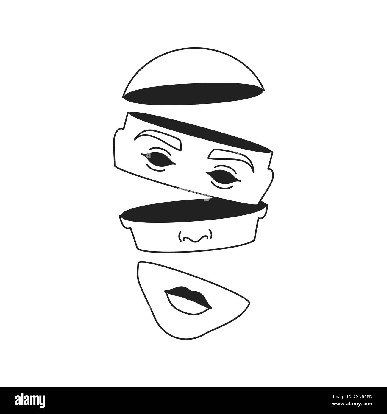 Abstrakte gehackte menschliche Kopf psychedelische Y2K schwarze Umrisssymbolvektor flache Illustration. Futuristische surreale Schnittporträtphantasievolle Science Ficti Stock Vektor