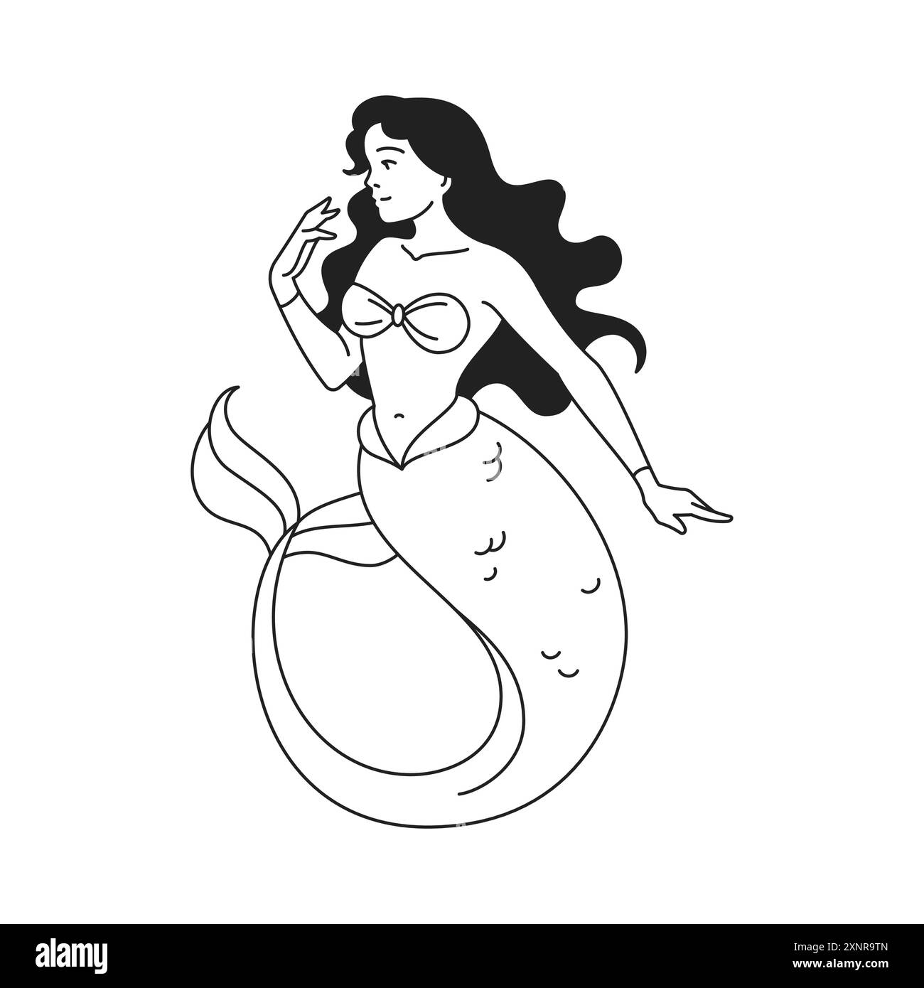 Y2K Meerjungfrau Brünette schöne Legende Charakter mit Fischschwanz Umriss Icon Vektor flache Illustration. Mythologie surreale psychedelische Aqua-Meer-Frau Witz Stock Vektor