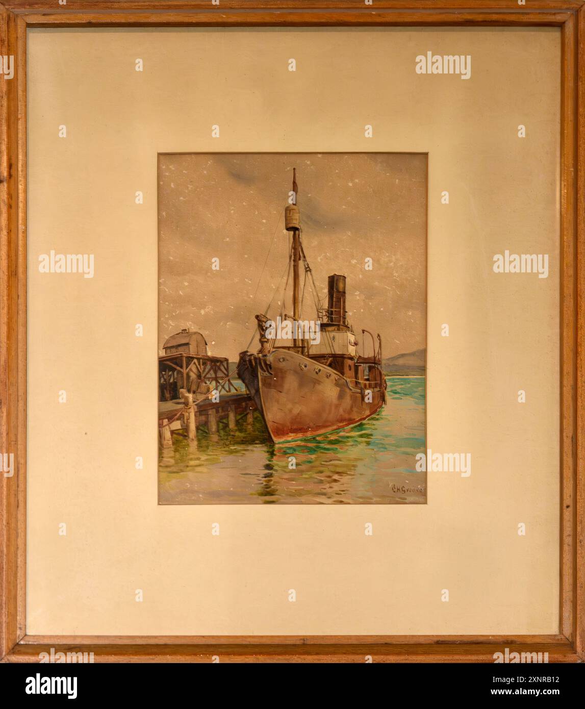 Aquarellgemälde eines Walfangschiffes im Hafen gemalt von Constance Helen Greaves (SA 1882 - 1966), geboren England, lebte von 1910 bis 1920 in Südafrika, und ab 1930 AQUARELL, 21 cm x 27 cm, signiert, gerahmt. Stockfoto
