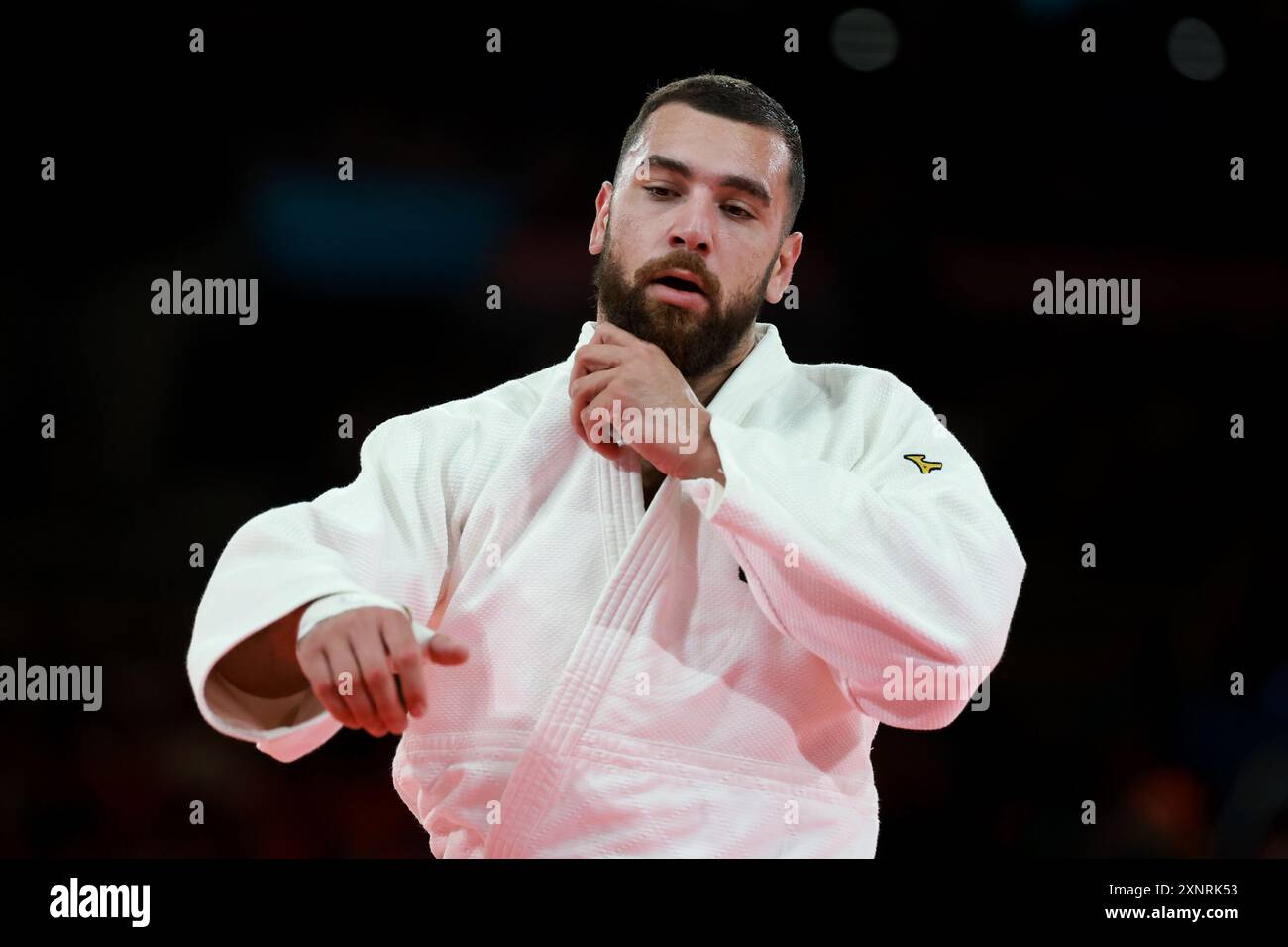 Paris, Frankreich. August 2024. Olympia, Paris 2024, Champ-de-Mars-Arena, Judo, 100 kg, Männer, 1. Runde, der Deutsche Erik Abramov reagiert nach seinem Kampf. Quelle: Jan Woitas/dpa/Alamy Live News Stockfoto