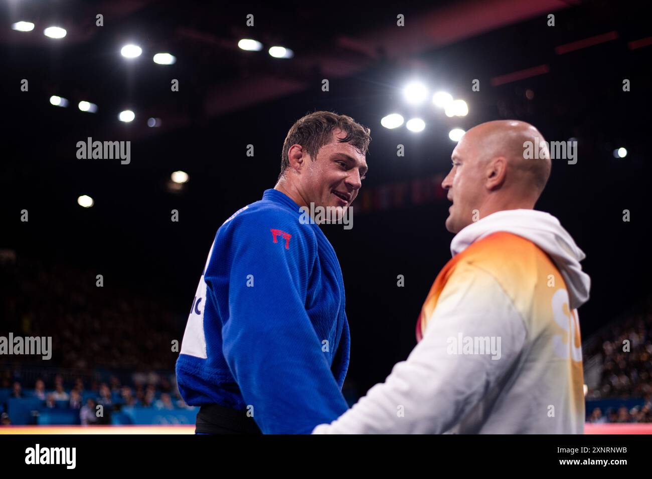 EICH Daniel (Schweiz, blau) ist enttaeuscht nach der Niederlage, FRA, Olympische Spiele Paris 2024, Judo, Herren bis 100 kg, Final Session, 01.08.2024 Foto: Eibner-Pressefoto/Michael Memmler Stockfoto