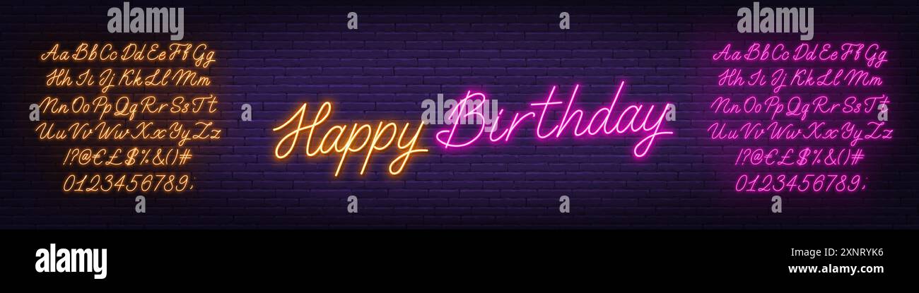 Happy Birthday Neon Schild auf Backsteinwand Hintergrund. Vorlage für Text mit rosa und gelbem Neonalphabet. Stock Vektor