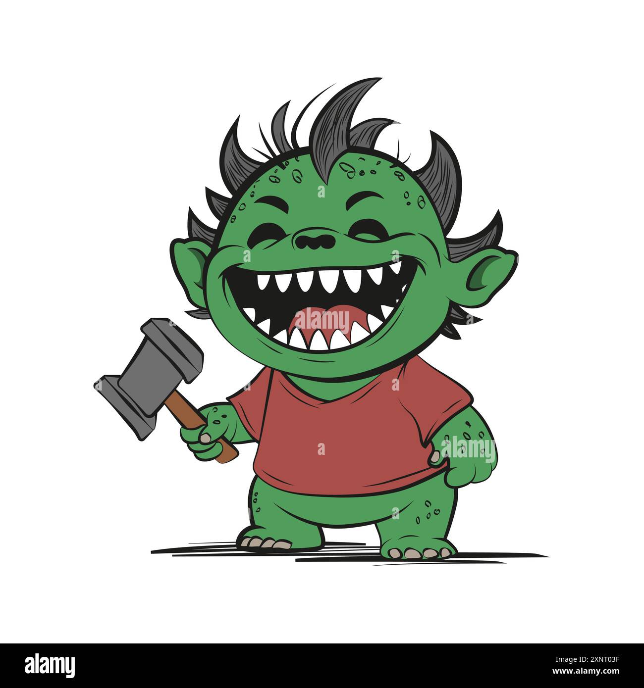 Süßes kleines Baby-Monster mit Hammer in der Hand. Vektorillustration für T-Shirt, Website, ClipArt und Print on Demand Merch. Stock Vektor