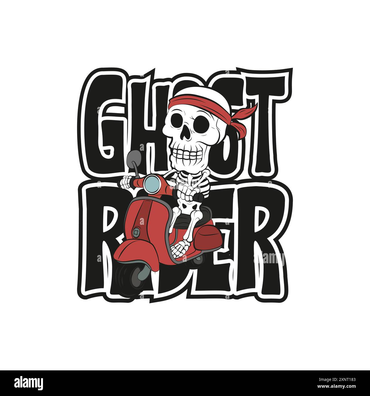 Lustiger Skelett-Cartoon in Bandana, der auf einem roten Roller mit einem Zitat Ghost Rider reitet. Vektor-Illustration für T-Shirt Print on Demand Merch Stock Vektor