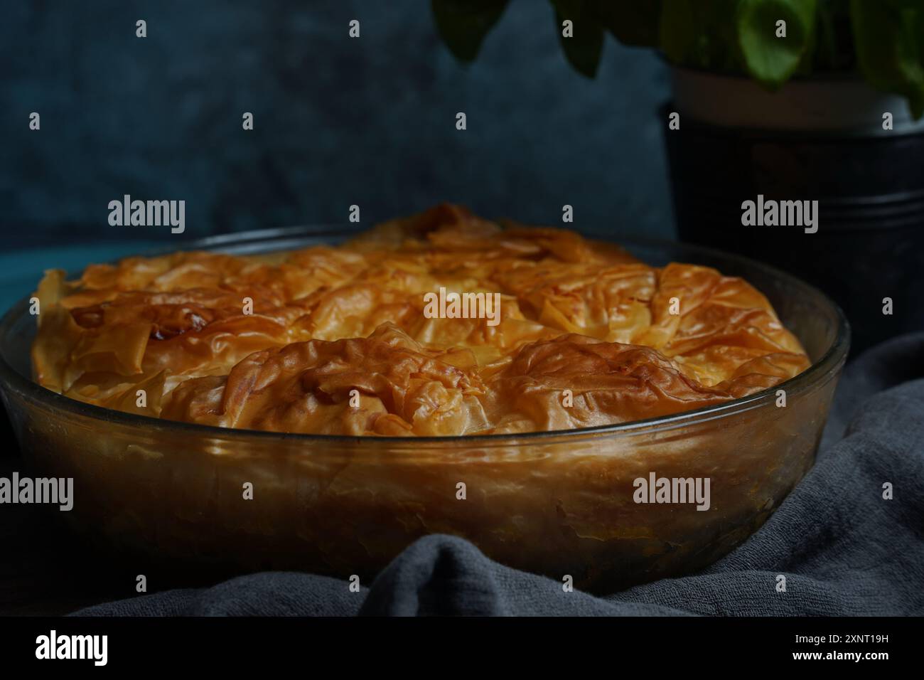 Griechischer Kuchen mit Spinat und Lachs in Filloteig Stockfoto