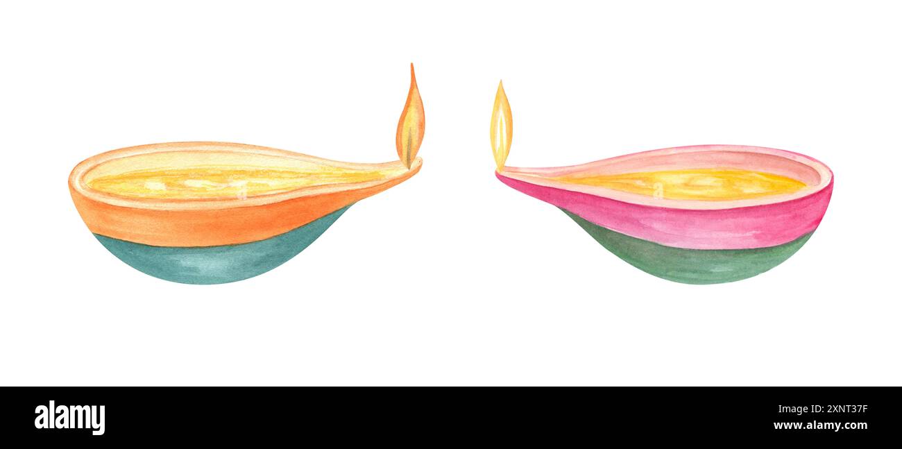 Bunte Diya Lampen mit ihren tanzenden Flammen. Ölbrennlampe. Lebendige Farben und komplizierte Designs. Happy Diwali Festival. Aquarellabbildung. Stockfoto