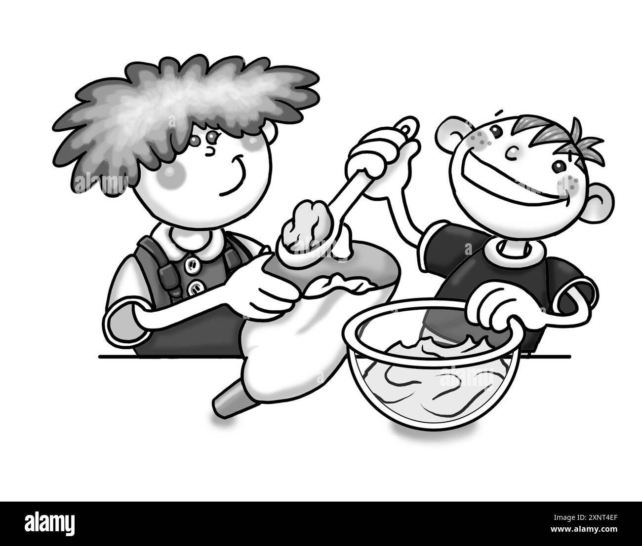 Schwarz-weiß-Kunst, Vorschulkinder kochen zusammen, füllen einen Puderbeutel mit Puderzucker, um Kuchen zu dekorieren, 4 in einer Serie von 6, Backen, Kochen, Kochen Stockfoto