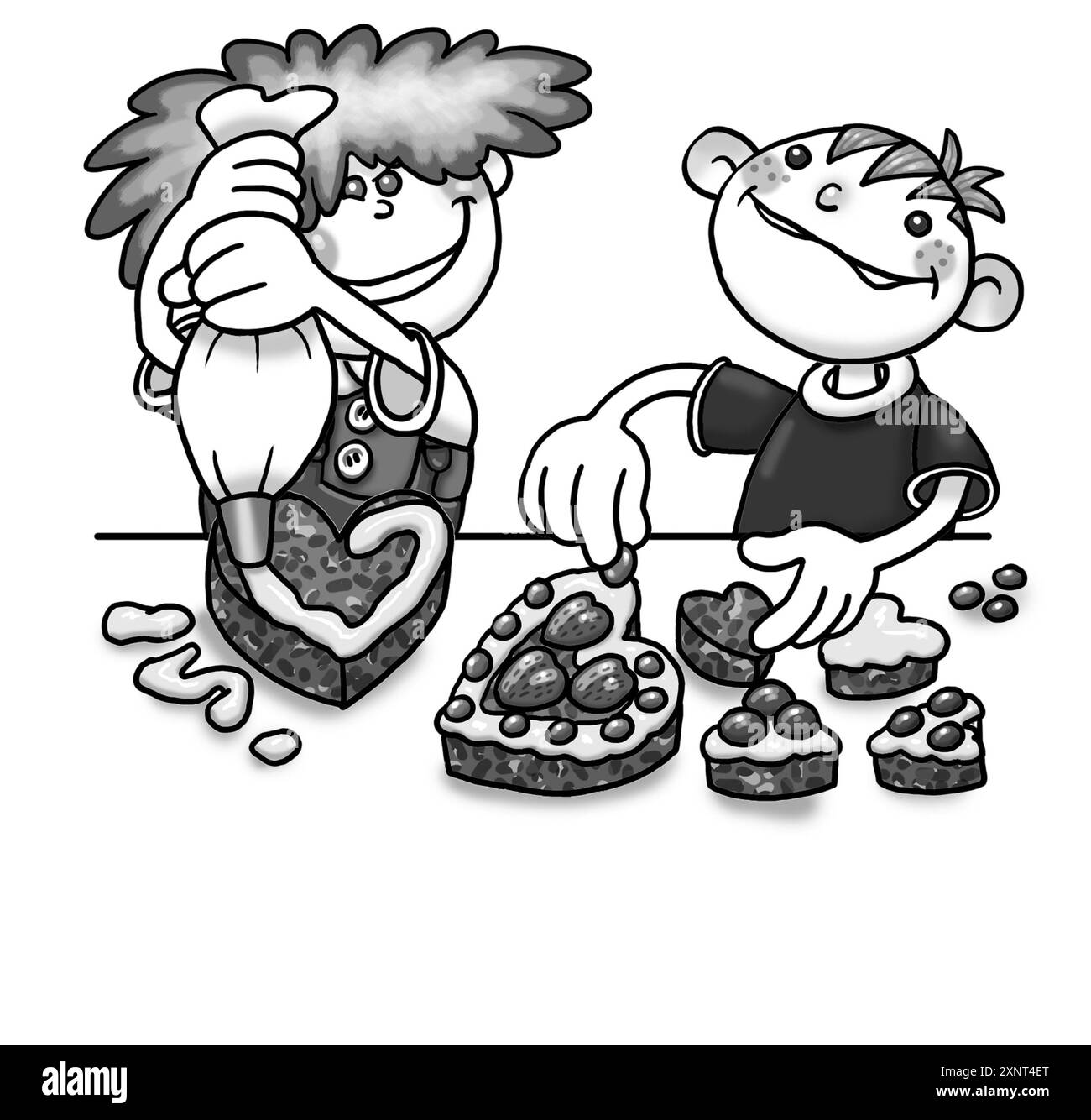 Schwarz-weiß-Kunst, Kinder, die Mini-herzförmige Kuchen zubereiten, Kuchen dekorieren, Kekse, Kekse, Stufe 5 von 6, Kochen, Backen, Kinderkochen Stockfoto