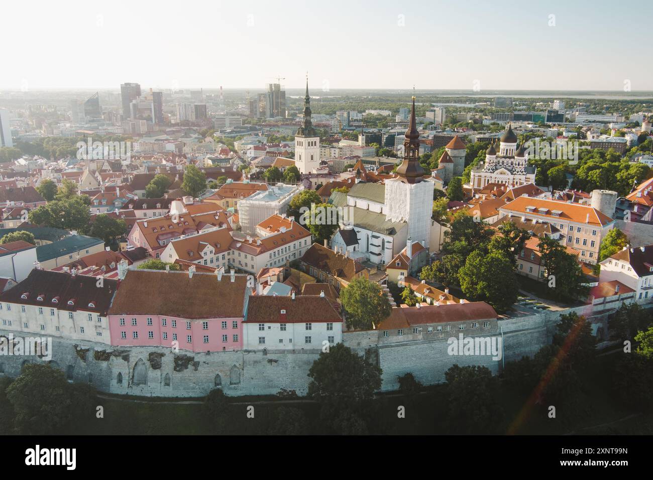 Berühmte Skyline-Aussicht auf die Altstadt von Tallinn an einem sonnigen Sommermorgen. St. Olaf's, St. Michaelis Kirchen, Alexander Newski Kathedrale, Defensive WA Stockfoto
