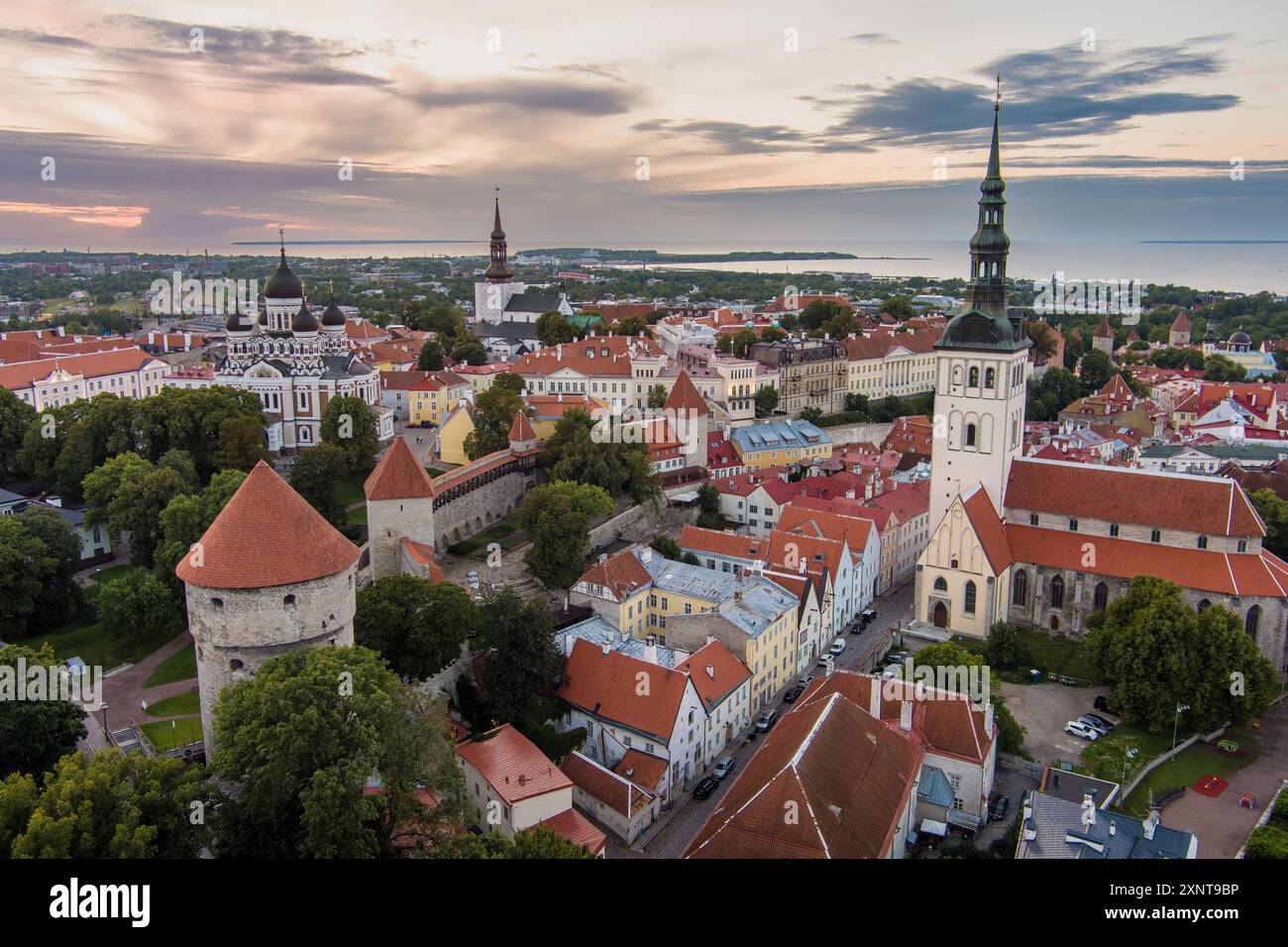 Berühmte Skyline-Aussicht auf die Altstadt von Tallinn an einem sonnigen Sommermorgen. St. Olaf's, St. Michaelis Kirchen, Alexander Newski Kathedrale, Defensive WA Stockfoto