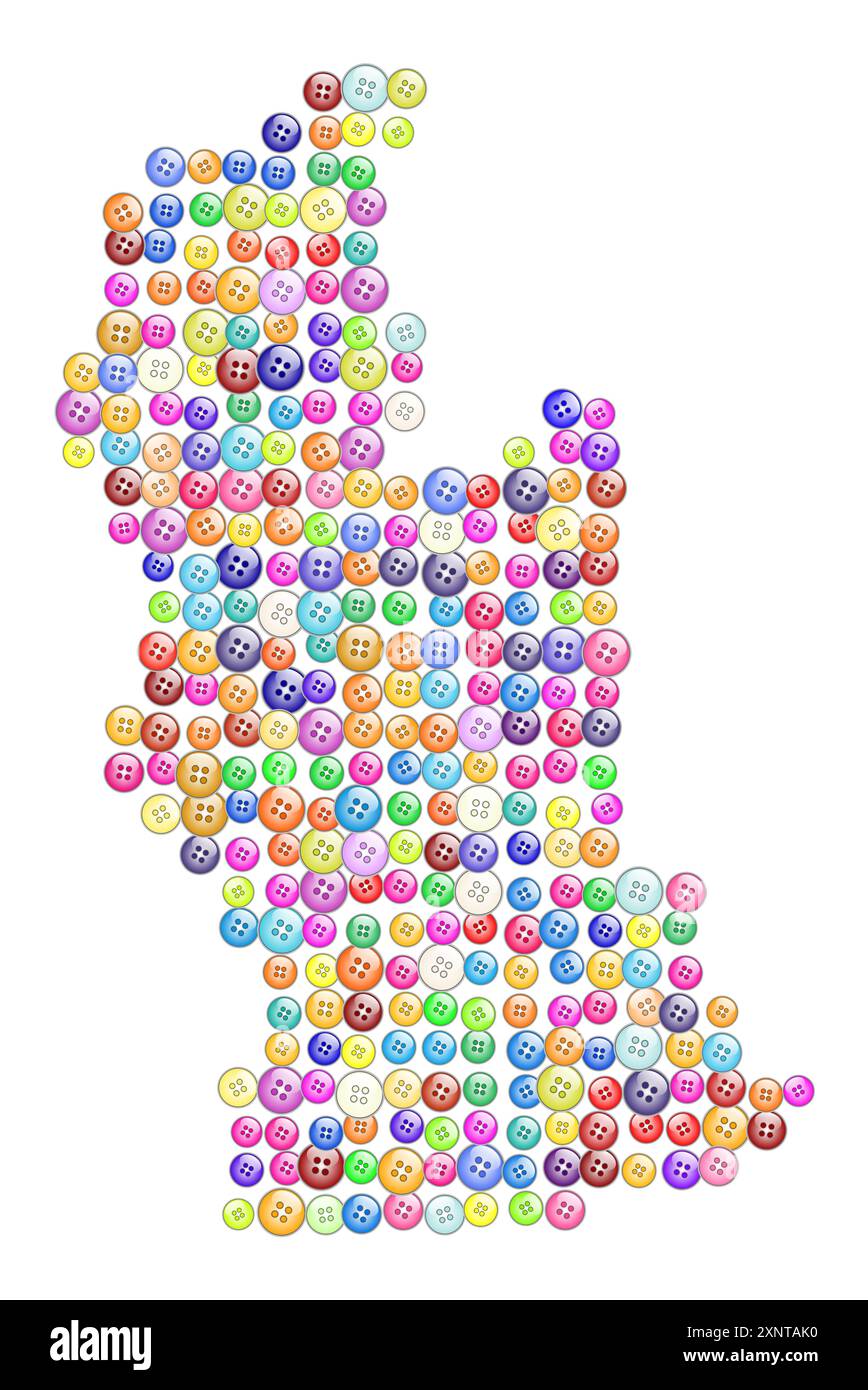 Symbolkarte des Regionalrats Manawatu-Wanganui (Neuseeland), die das Gebiet mit einem Muster von bunten Knöpfen zeigt Stockfoto