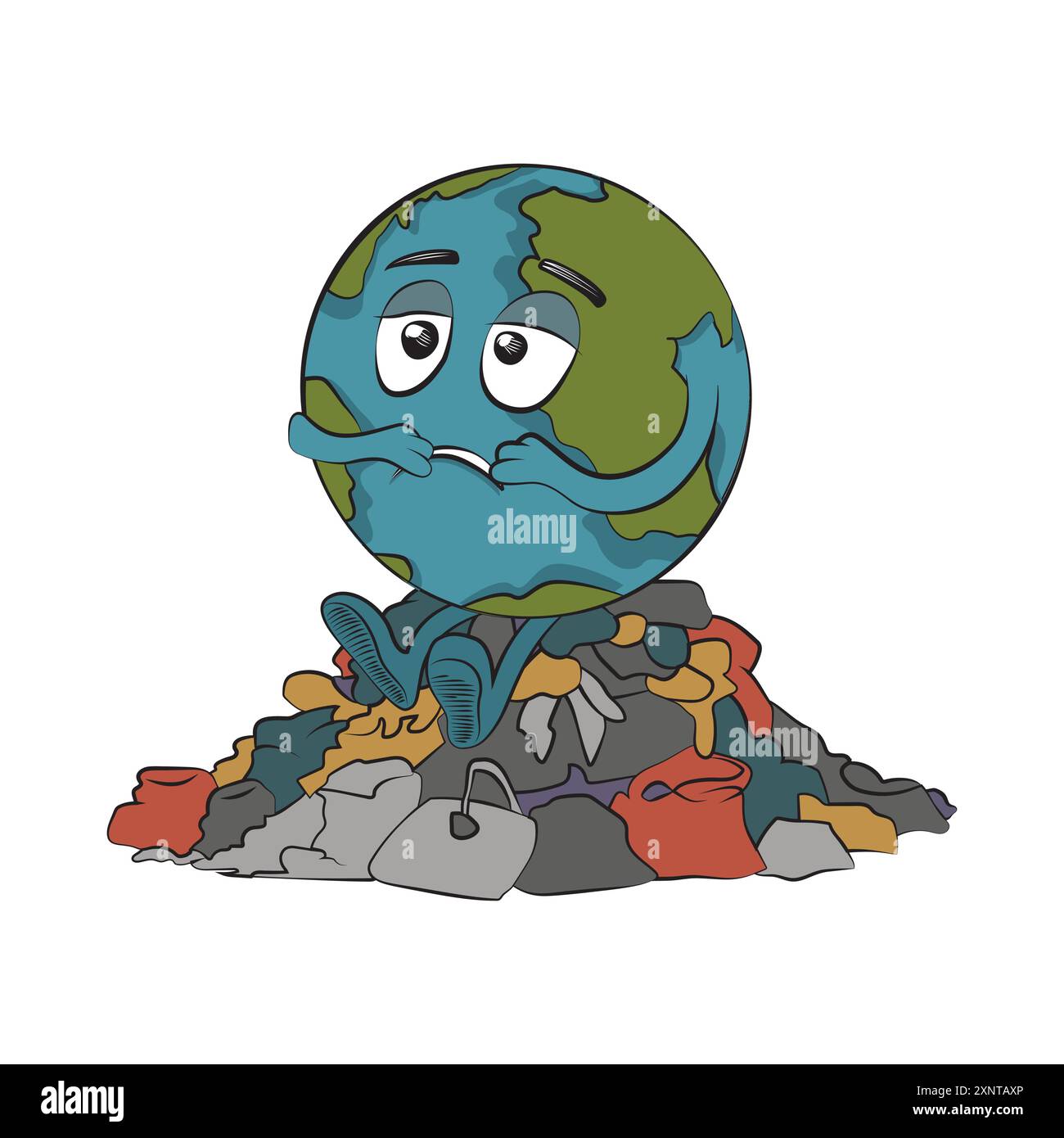 Tag Der Erde. Rettet den Planeten. Traurige Erdkugel, die auf einem Müllhaufen sitzt. Luft-, Wasser- und Bodenverschmutzung. Vektorabbildung Stock Vektor