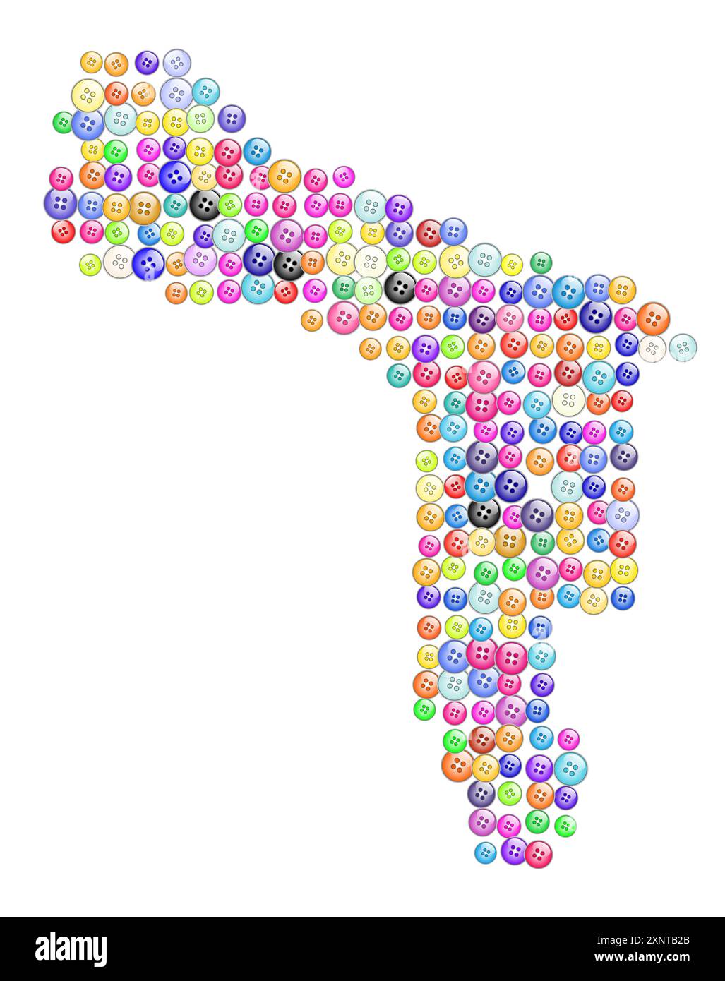 Symbolkarte der Sondergemeinde Bonaire (Niederlande), die das Gebiet mit einem Muster von bunten Knöpfen zeigt Stockfoto