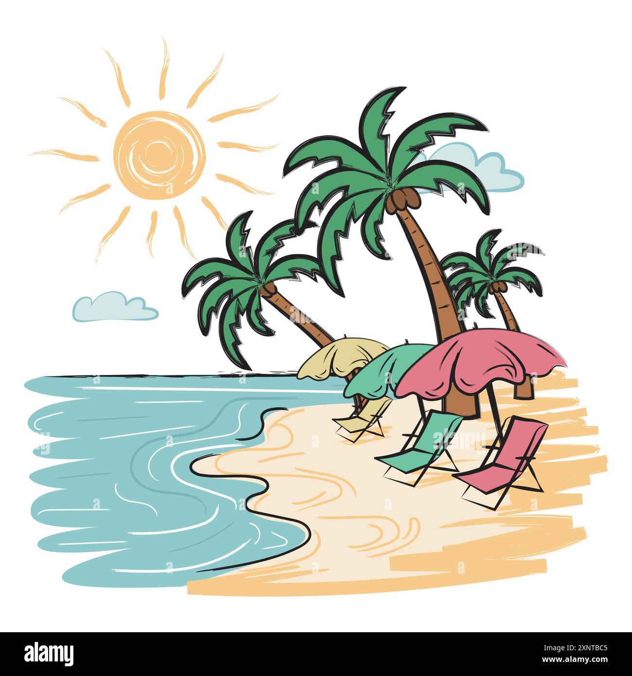 Strand auf einer Insel mit Kokospalmen, Ort für Ferien, zur Zeit des Sonnenaufgangs in künstlerischer Malerei. Vektorillustration für T-Shirt-Waren Stock Vektor