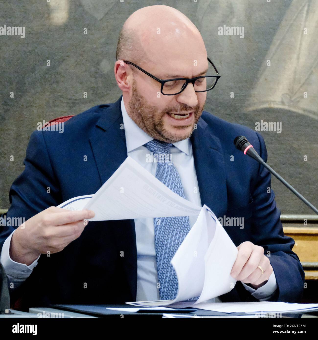 Roma, Italien. August 2024. IL Presidente della Camera dei Deputati Lorenzo Fontana durante l'incontro con la stampa parlamentare, la tradizionale cerimonia estiva del Ventaglio. Camera dei Deputati a Roma, Venerd&#xec; 02 Agosto 2024 (Foto Mauro Scrobogna/LaPresse) der Präsident der Abgeordnetenkammer Lorenzo Fontana während des Treffens mit der parlamentarischen Presse, der traditionellen Sommerzeremonie des Fans. Abgeordnetenkammer in Rom, Freitag, 2. August 2024. (Foto: Mauro Scrobogna/LaPresse) Credit: LaPresse/Alamy Live News Stockfoto